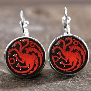 New Red 3 Headed Dragon Glass Cabochon Silver Earrings.